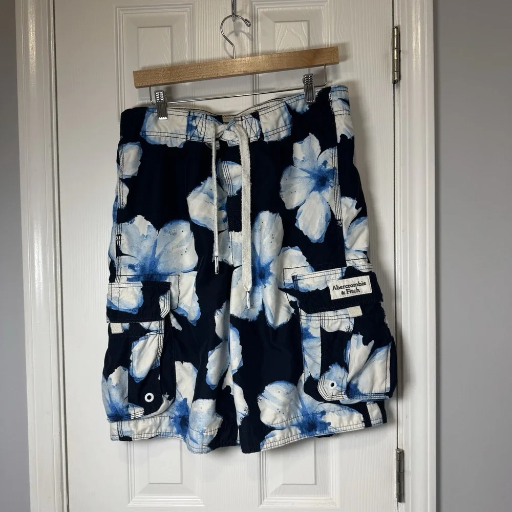 VTG Abercrombie Fitch Swim Trunks Y2K Mens Medium Blue Floral Baggy Shorts